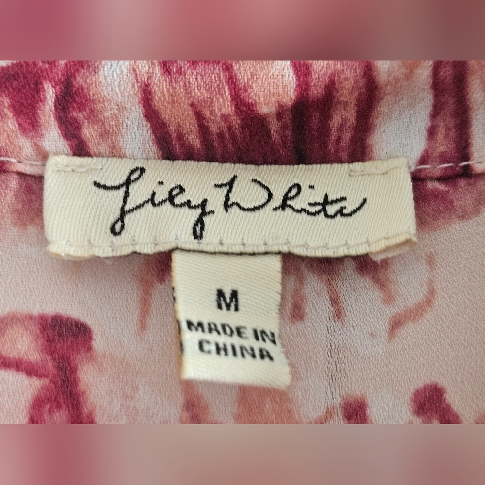 Lily White Women's Blouse Floral Burgundy Pink Long Sleeves Lightweight Size M - Picture 5 of 9